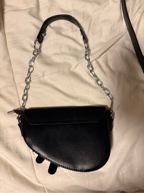 Black Leather Saddle Bag with Silver Chain Handle